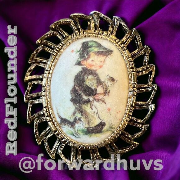 Hand-Painted MJ Hummel Style Porcelain Brooch in Bronze Oval Frame - Picture 1 of 10